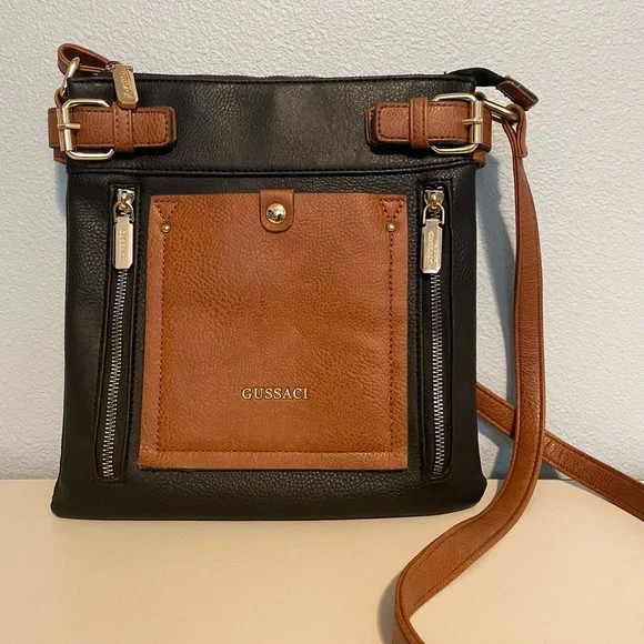 Gussaci Italy Crossbody Handbag Women Black/BrownFaux Leather Lined Purse - Picture 1 of 8